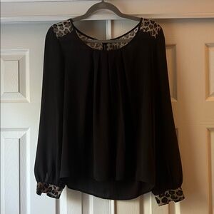 Black Blouse with Leopard Print Accents